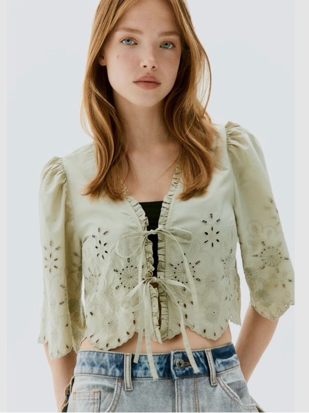 H&M Sage Green Eyelet Tie-Front Crop Blouse